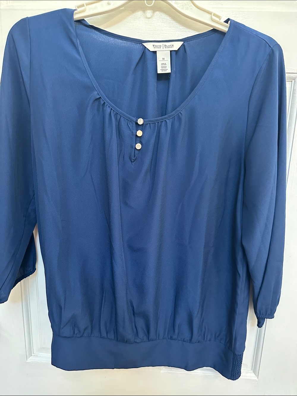 White House Black Market Navy Scoop-Neck Blouse with Button Trim